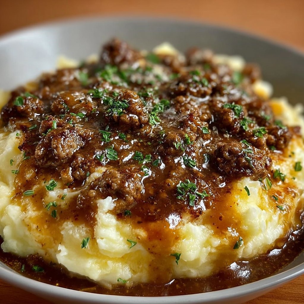 Ground Beef and Gravy Over Mashed Potatoes