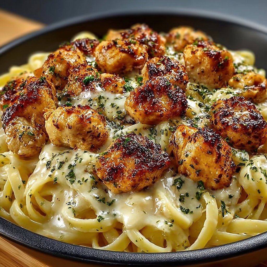 Golden Garlic Chicken Bites over Creamy Parmesan Pasta