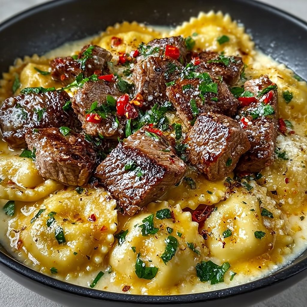 One-Skillet Garlic Butter Steak & Cheese Ravioli
