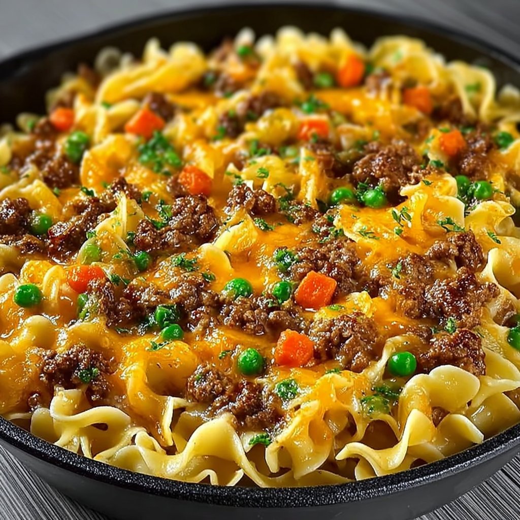 Homestyle Beef and Cheddar Egg Noodle Bake