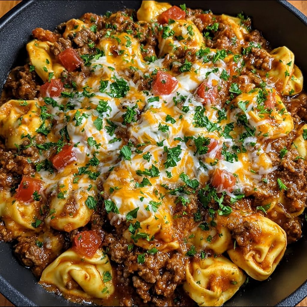 Cheesy Enchilada Beef Tortellini Skillet