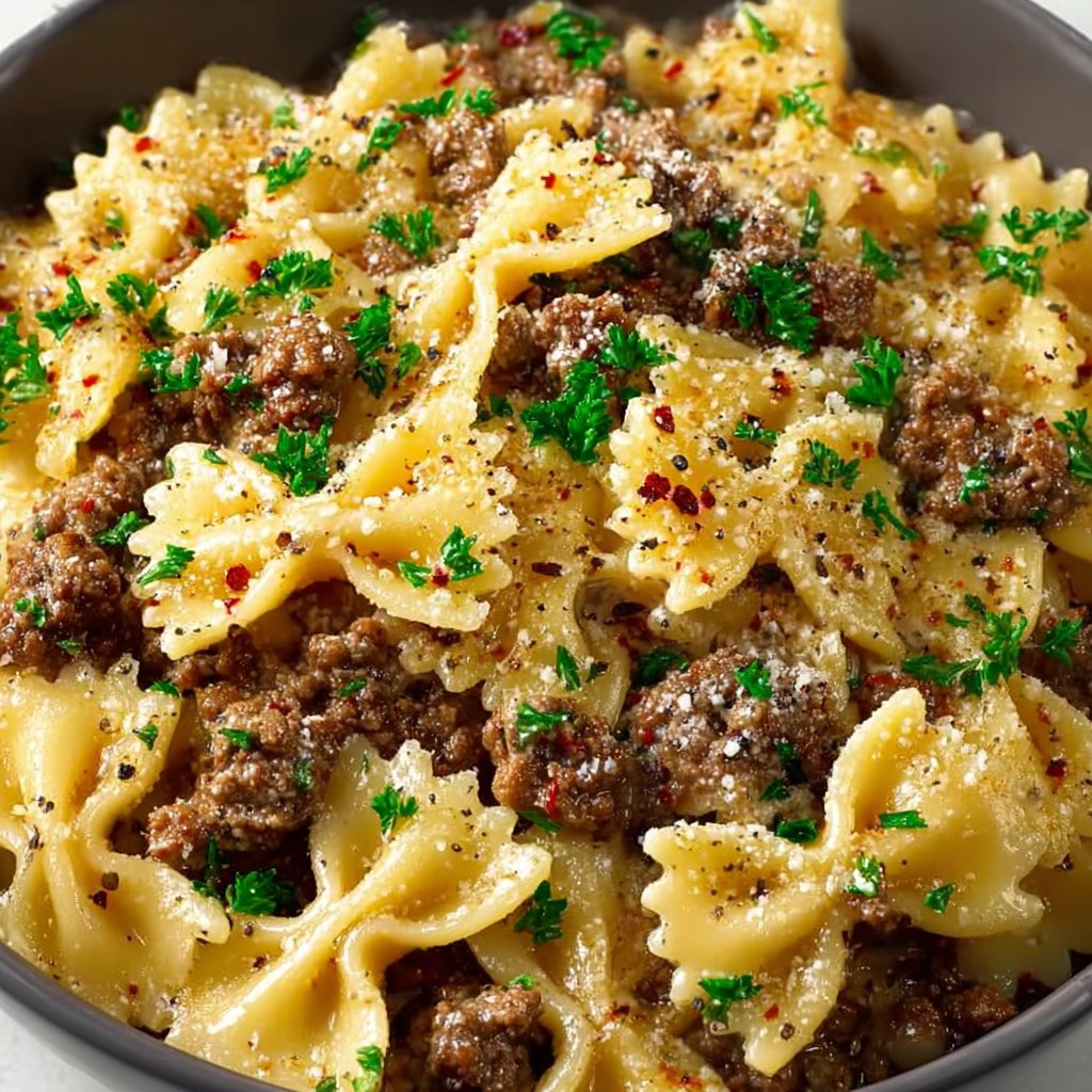 Garlic Butter Bowtie Pasta with Ground Beef