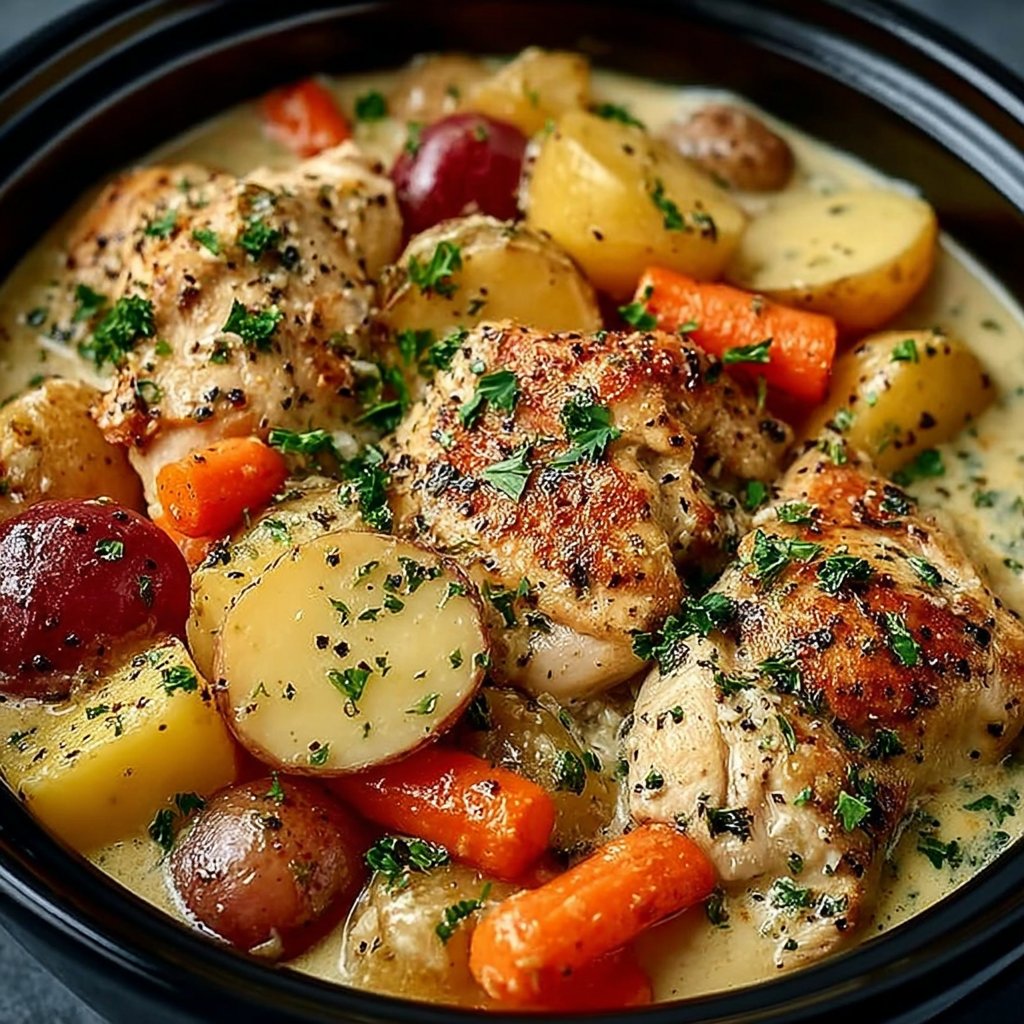 Slow Cooker Creamy Garlic Chicken and Veggies