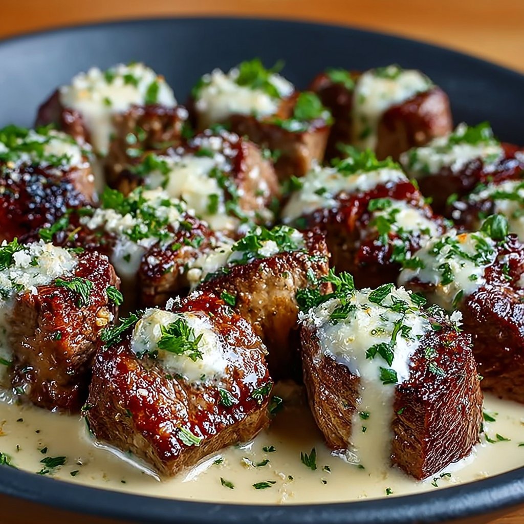 Juicy Garlic Butter Steak Bites with Parmesan Cream Sauce