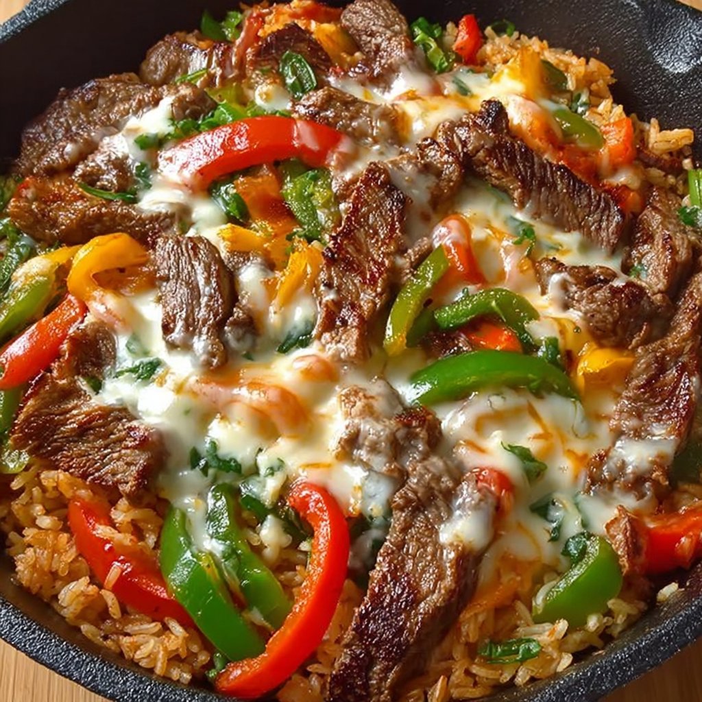 Cheesy Queso Steak Fajita Skillet
