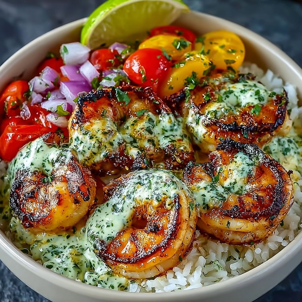 Zesty Shrimp and Avocado Rice Bowls with Cilantro Lime Sauce