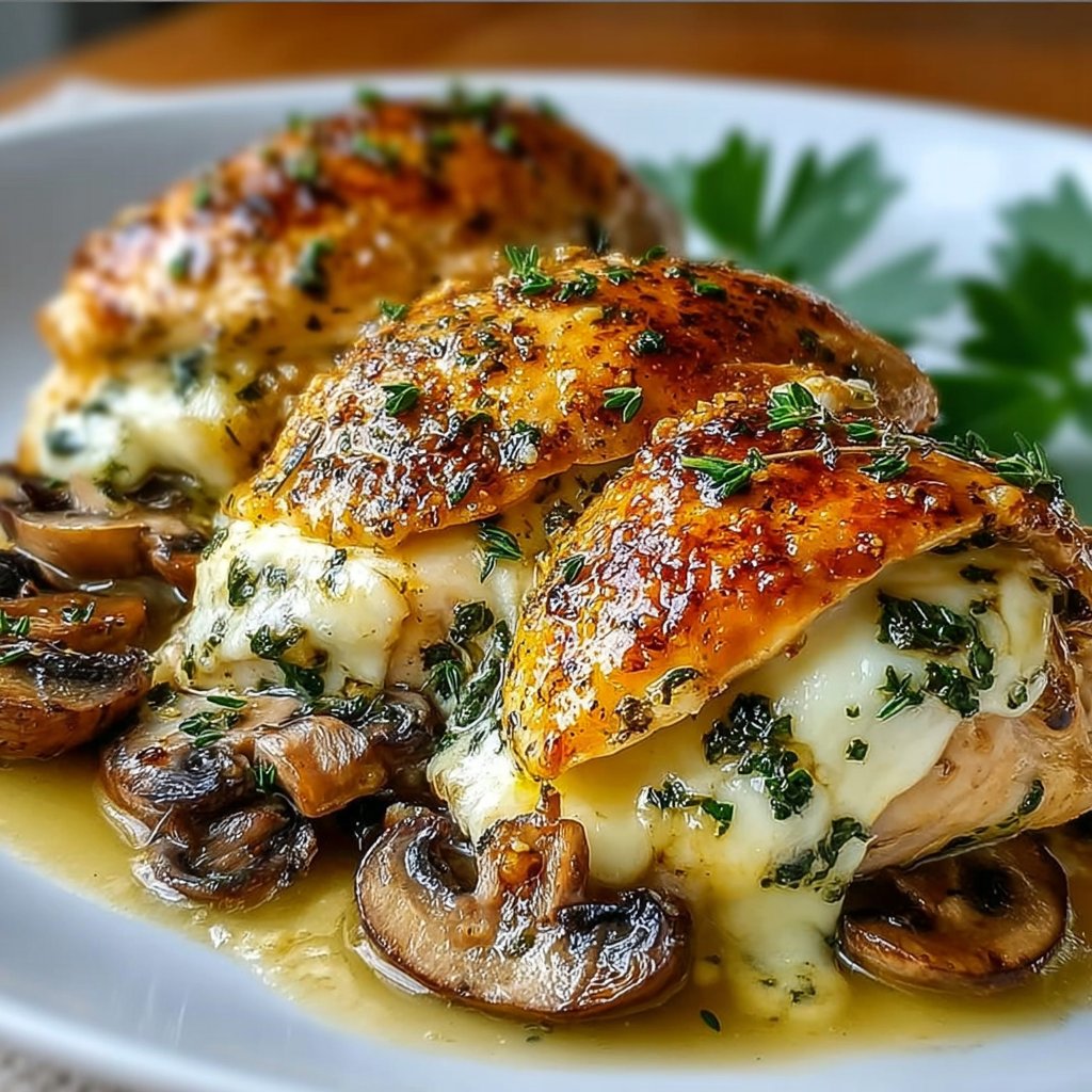 Mushroom & Cheese Stuffed Chicken with Rich Garlic Butter Sauce