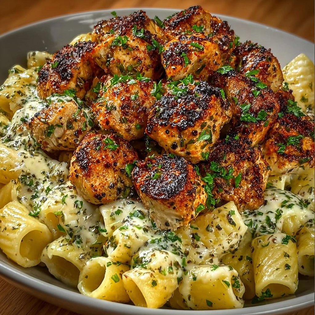 Garlic Butter Chicken Bites with Creamy Rigatoni