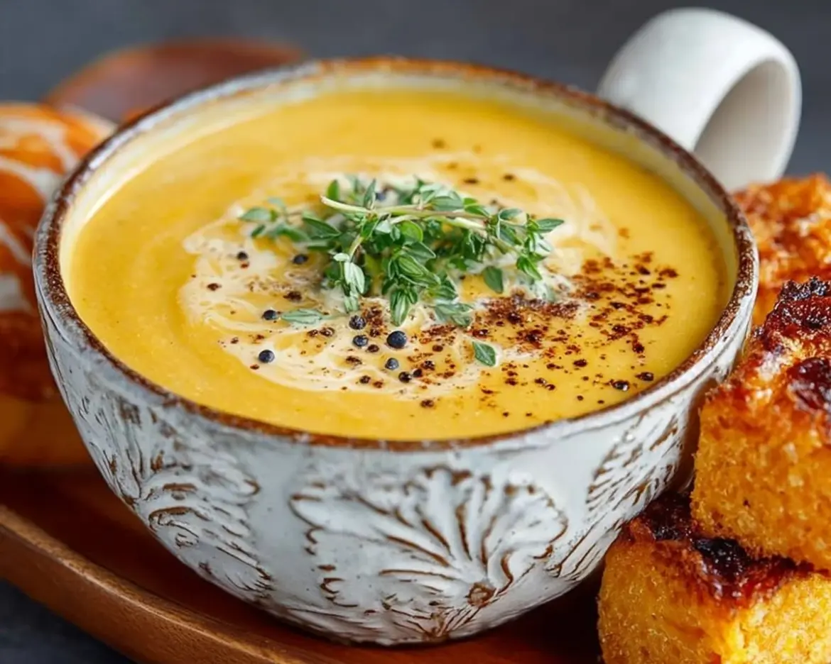 Creamy acorn and butternut squash soup in a bowl, garnished with herbs.
