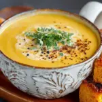 Creamy acorn and butternut squash soup in a bowl, garnished with herbs.