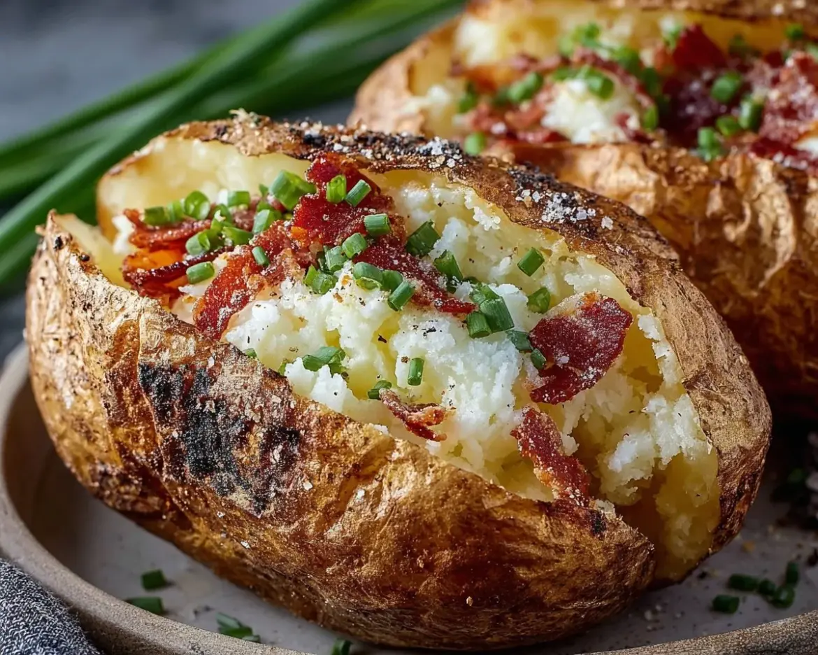 Air fryer baked potato with crispy skin and fluffy interior served on a plate