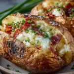 Air fryer baked potato with crispy skin and fluffy interior served on a plate