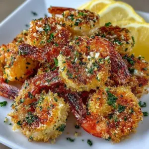 Plate of Air Fryer Garlic Parmesan Shrimp garnished with parsley