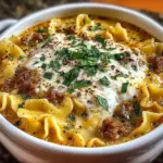 Bowl of creamy Alfredo Lasagna Soup garnished with parsley