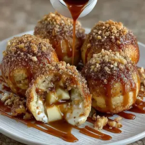 Apple Caramel Bombs drizzled with caramel sauce and sprinkled with nuts.