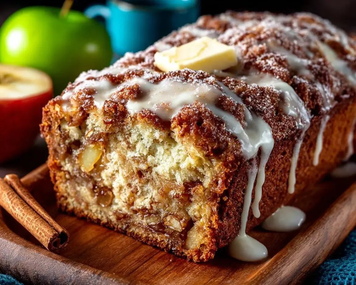 Loaf of freshly baked apple cinnamon bread with apple slices and cinnamon sticks