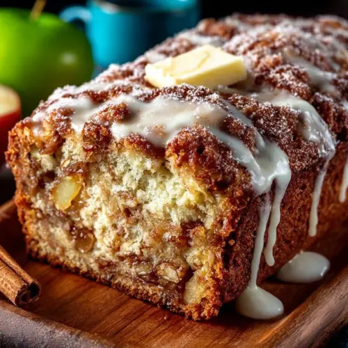 Loaf of freshly baked apple cinnamon bread with apple slices and cinnamon sticks