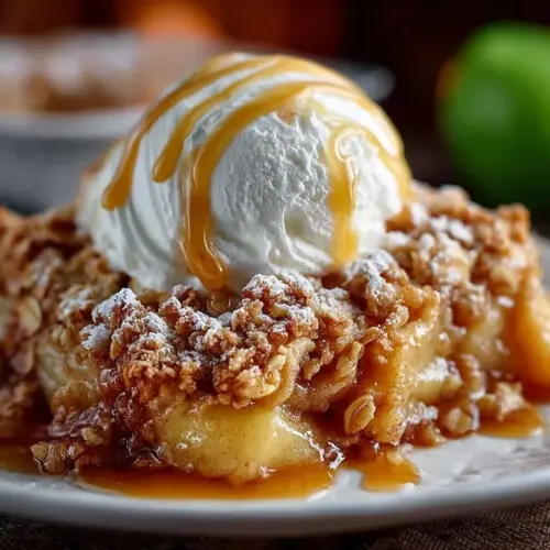 Delicious homemade Apple Crisp dessert with apples and crispy topping