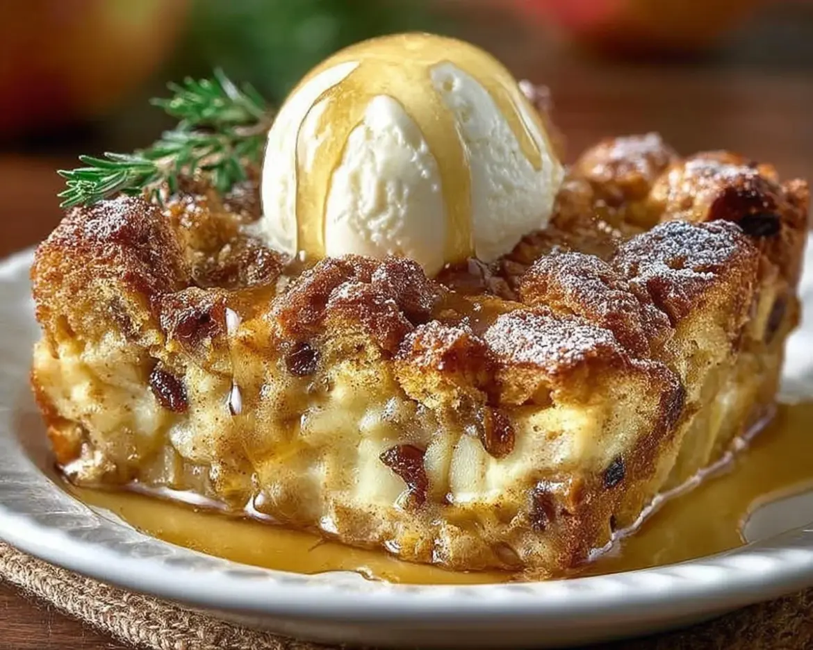 Delicious Apple Pie Bread Pudding served warm with a scoop of ice cream