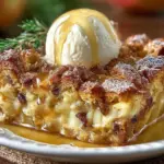 Delicious Apple Pie Bread Pudding served warm with a scoop of ice cream