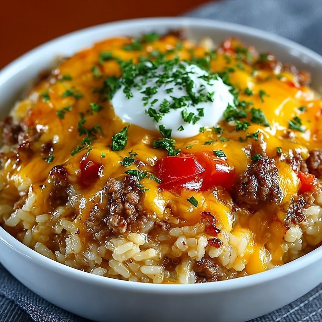Savory Beef and Rice Casserole with Cheddar Topping