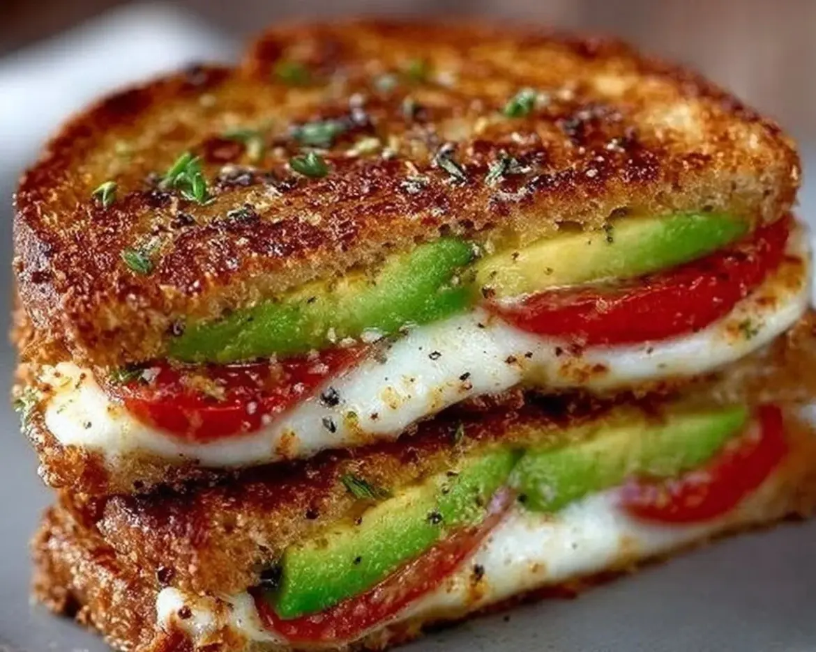 Avocado, mozzarella, and tomato grilled cheese sandwich on a wooden board.