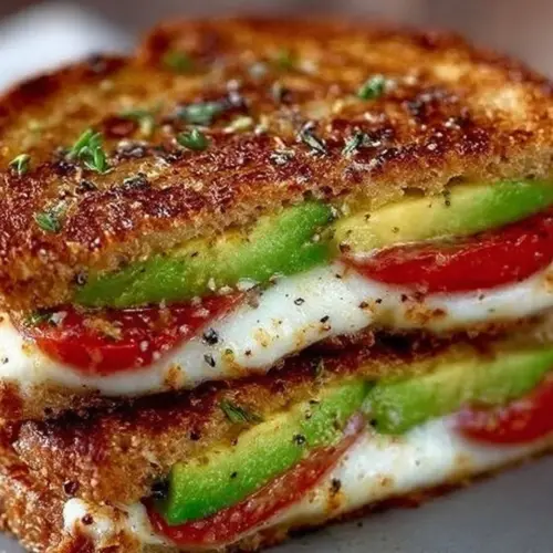 Avocado, mozzarella, and tomato grilled cheese sandwich on a wooden board.