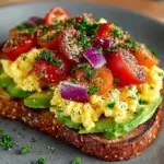 Avocado toast topped with scrambled eggs and colorful veggies on a plate