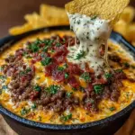 Delicious Bacon Cheeseburger Queso Dip served in a bowl