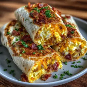 Bacon, egg, and cheese breakfast burrito on a plate.