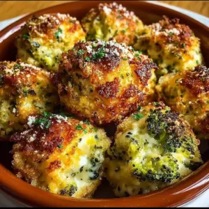 Baked broccoli cheese balls served on a plate, garnished with herbs.
