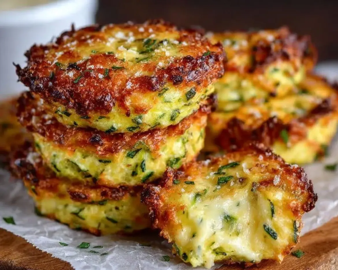 Baked cheesy zucchini bites served on a plate with dipping sauce