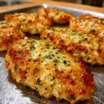Baked Garlic Parmesan Chicken fresh out of the oven, garnished and ready to serve.