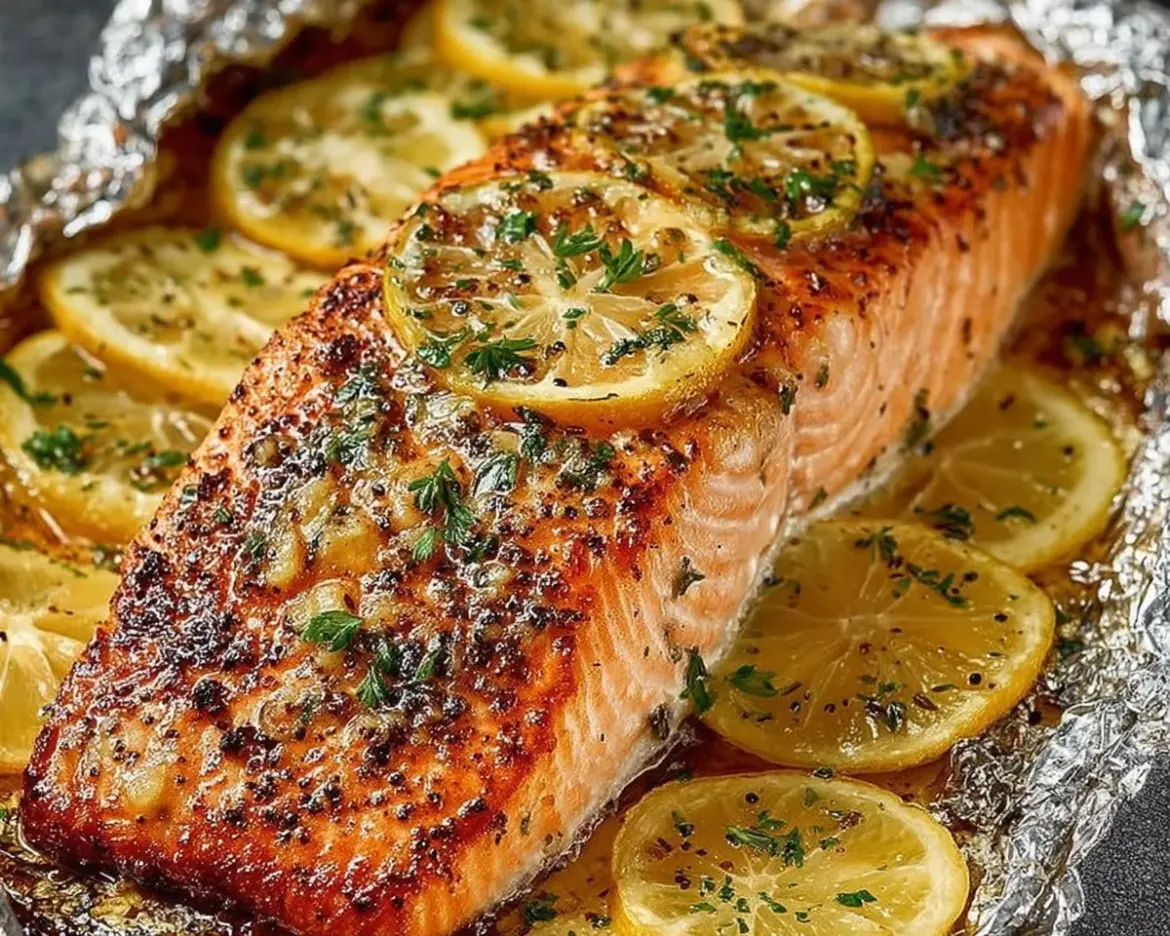Baked salmon in foil with herbs and lemon ready to serve