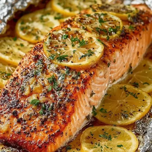 Baked salmon in foil with herbs and lemon ready to serve