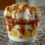 Delicious Banana Caramel Crunch Parfait with layers of bananas and caramel