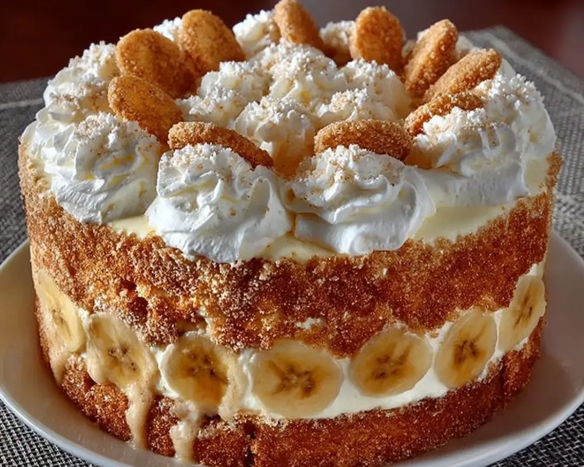 Delicious homemade Banana Pudding Cake topped with vanilla wafers and fresh bananas.