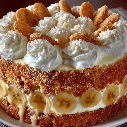 Delicious homemade Banana Pudding Cake topped with vanilla wafers and fresh bananas.