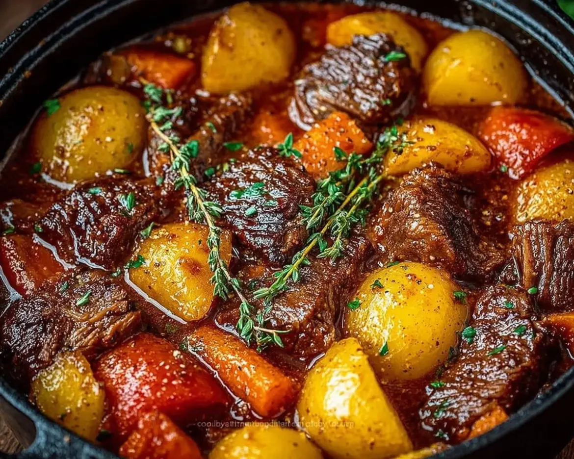 Delicious homemade beef stew with tender meat and vegetables in a bowl