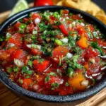 A bowl of vibrant homemade salsa with fresh tomatoes, onions, and herbs