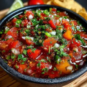 A bowl of vibrant homemade salsa with fresh tomatoes, onions, and herbs