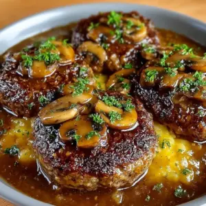Bobby Flay's flavorful Salisbury Steak served with gravy and sides.