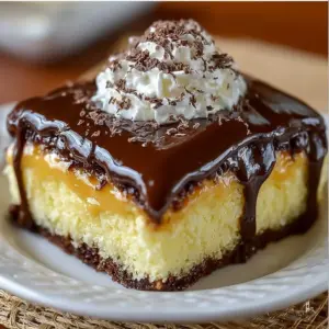Delicious Boston Cream Poke Cake topped with chocolate and vanilla custard
