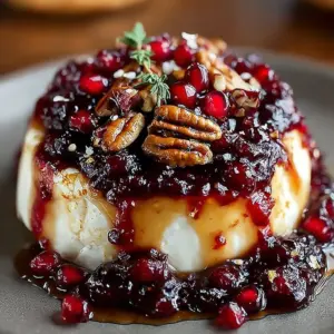 Brie cheese topped with honey-balsamic cranberry sauce, pecans, and pomegranates