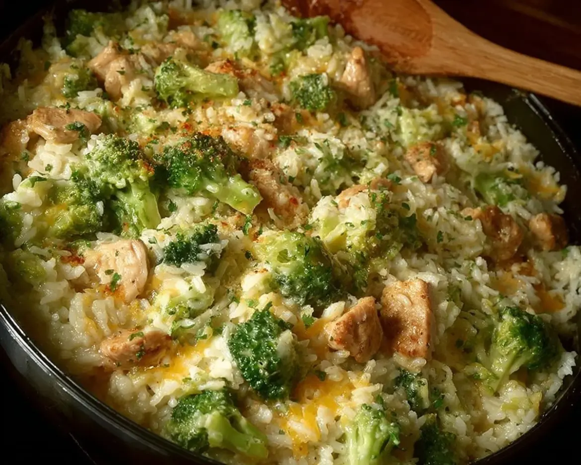 Broccoli, rice, cheese, and chicken casserole served in a baking dish