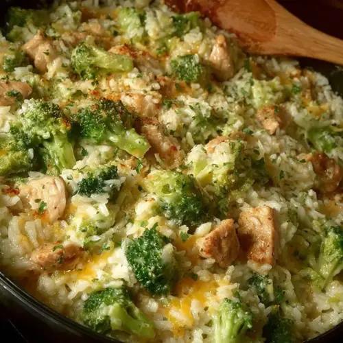 Broccoli, rice, cheese, and chicken casserole served in a baking dish
