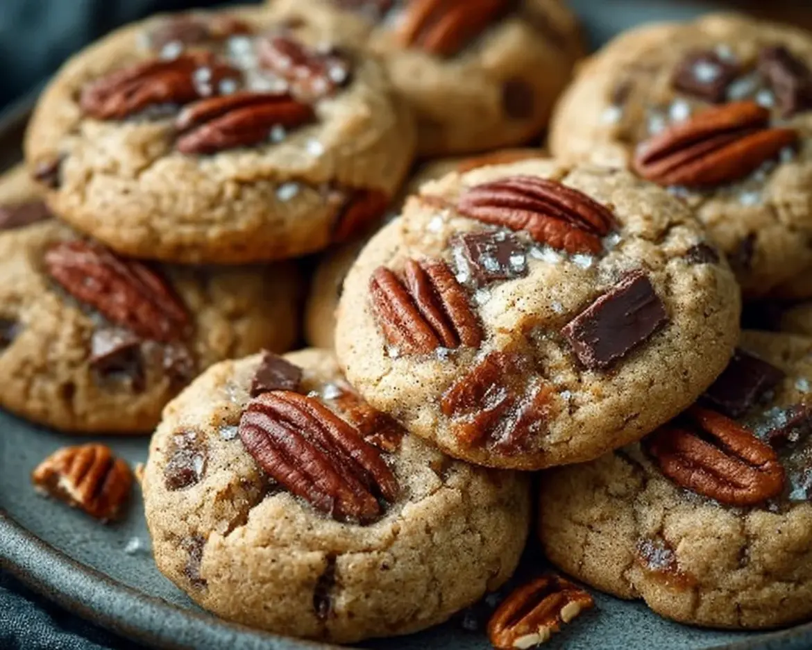 Freshly baked Brown Butter Bourbon Pecan Chocolate Chunk Cookies on a plate.
