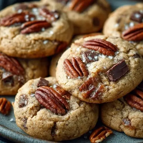 Freshly baked Brown Butter Bourbon Pecan Chocolate Chunk Cookies on a plate.