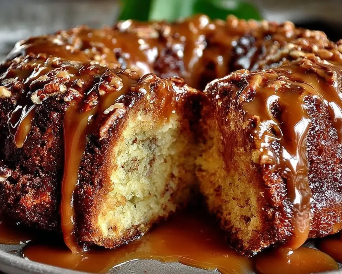 Delicious brown sugar caramel pound cake topped with glossy caramel glaze
