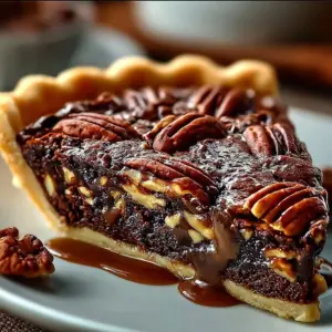 Delicious Brownie Pecan Pie topped with pecans and chocolate